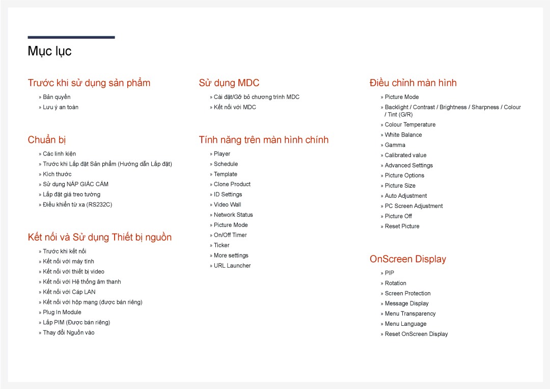 Samsung LH55DHDPLGC/XY, LH40DHDPLGC/XY, LH48DHDPLGC/XY manual Mục lục 