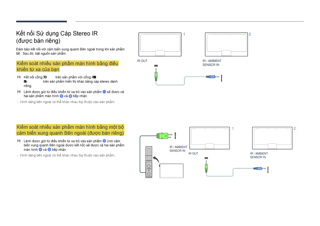 Samsung LH55DHDPLGC/XY, LH40DHDPLGC/XY manual Kết nối Sử dụng Cáp Stereo IR Được bán riêng, Khiển từ xa của bạn 