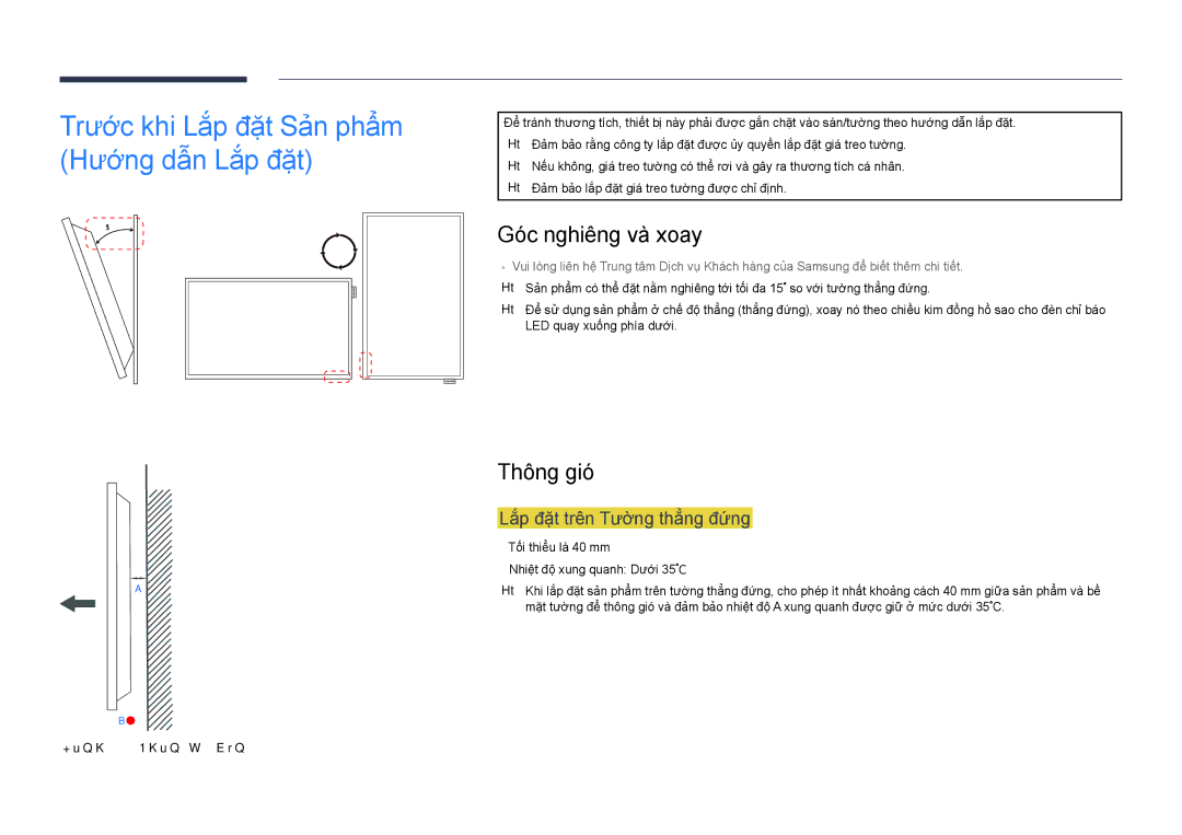 Samsung LH40DHDPLGC/XY, LH48DHDPLGC/XY Trước khi Lắp đặt Sản phẩm Hướng dẫn Lắp đặt, Gó́c nghiêng và̀ xoay, Thông gió́ 