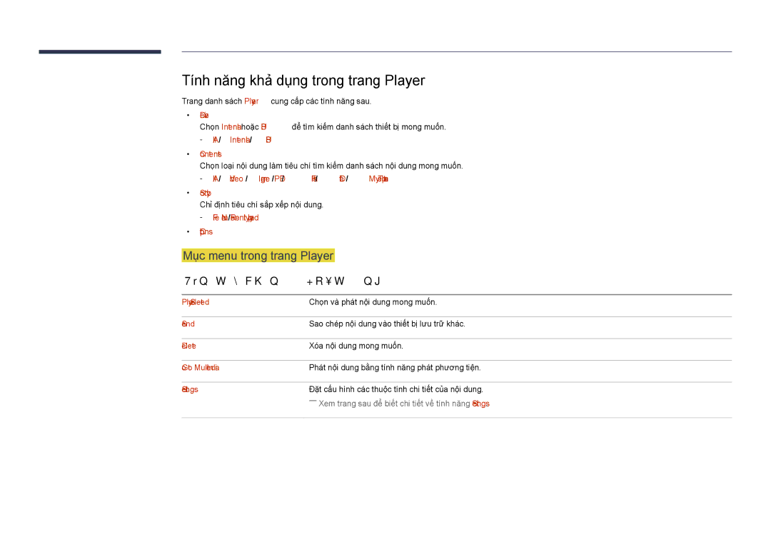 Samsung LH40DHDPLGC/XY Tinh năng khả dụng trong trang Player, Mục menu trong trang Player, Tên tùy chọn Hoạt động 