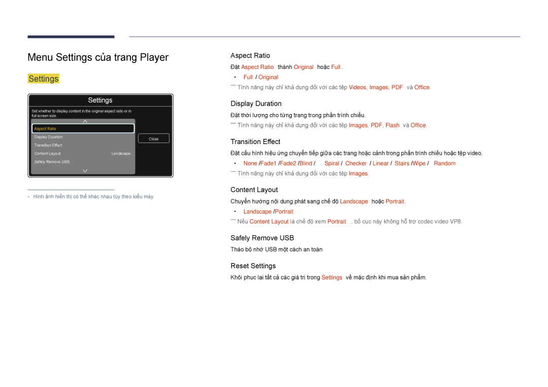 Samsung LH48DHDPLGC/XY manual Menu Settings của trang Player, Đặt Aspect Ratio thanh Original hoặc Full Full / Original 