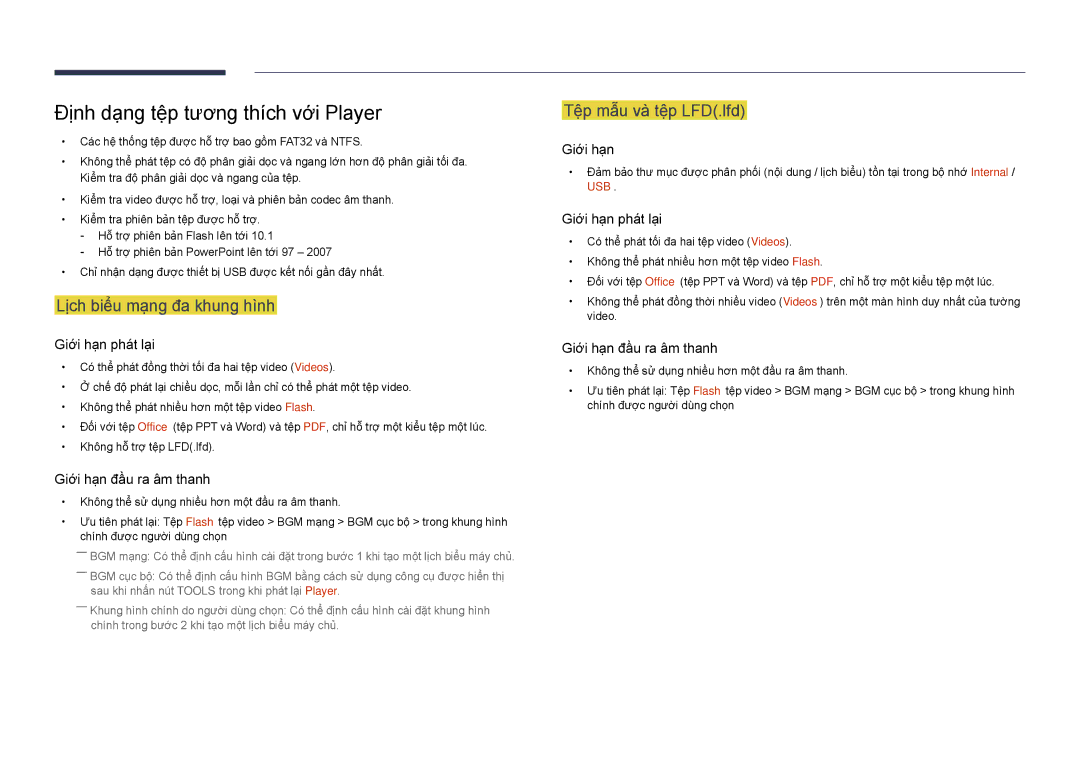 Samsung LH48DHDPLGC/XY manual Đinh dang têp tương thich vơi Player, Lich biểu mang đa khung hinh, Têp mâu va têp LFD.lfd 