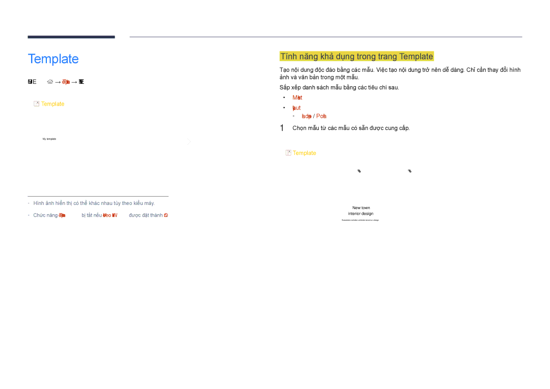 Samsung LH48DHDPLGC/XY manual Tinh năng khả dụng trong trang Template, Home → Template → Enter E, Market, Layout 