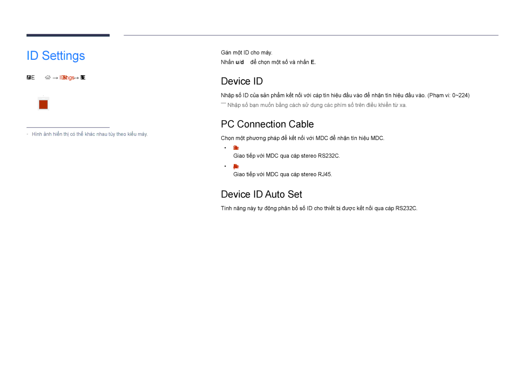 Samsung LH55DHDPLGC/XY, LH40DHDPLGC/XY, LH48DHDPLGC/XY manual ID Settings, PC Connection Cable, Device ID Auto Set 