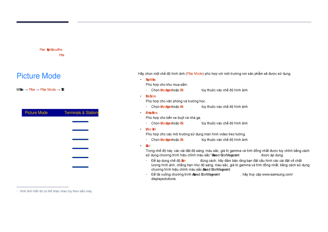 Samsung LH55DHDPLGC/XY, LH40DHDPLGC/XY manual Điều chỉnh màn hình, Menu m → Picture → Picture Mode → Enter E 