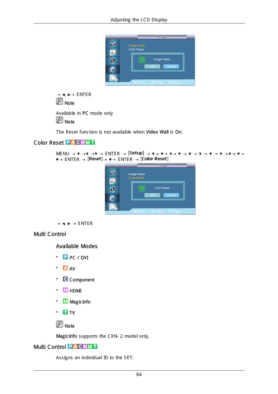 Samsung LH46DLPLGD/EN, LH40DLPLGD/EN, LH46DLTLGD/EN, LH40DLTLGD/EN, LFD-WBM2/S40A5 Color Reset, Multi Control Available Modes 