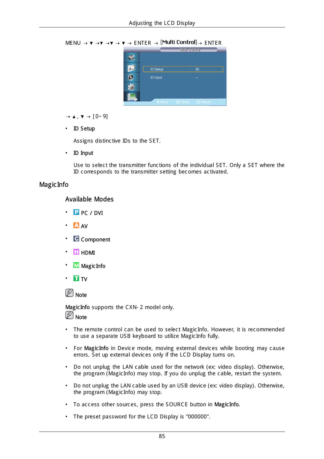 Samsung LFD-WBM2/S40A5, LH40DLPLGD/EN, LH46DLTLGD/EN, LH40DLTLGD/EN manual MagicInfo Available Modes, ID Setup, ID Input 