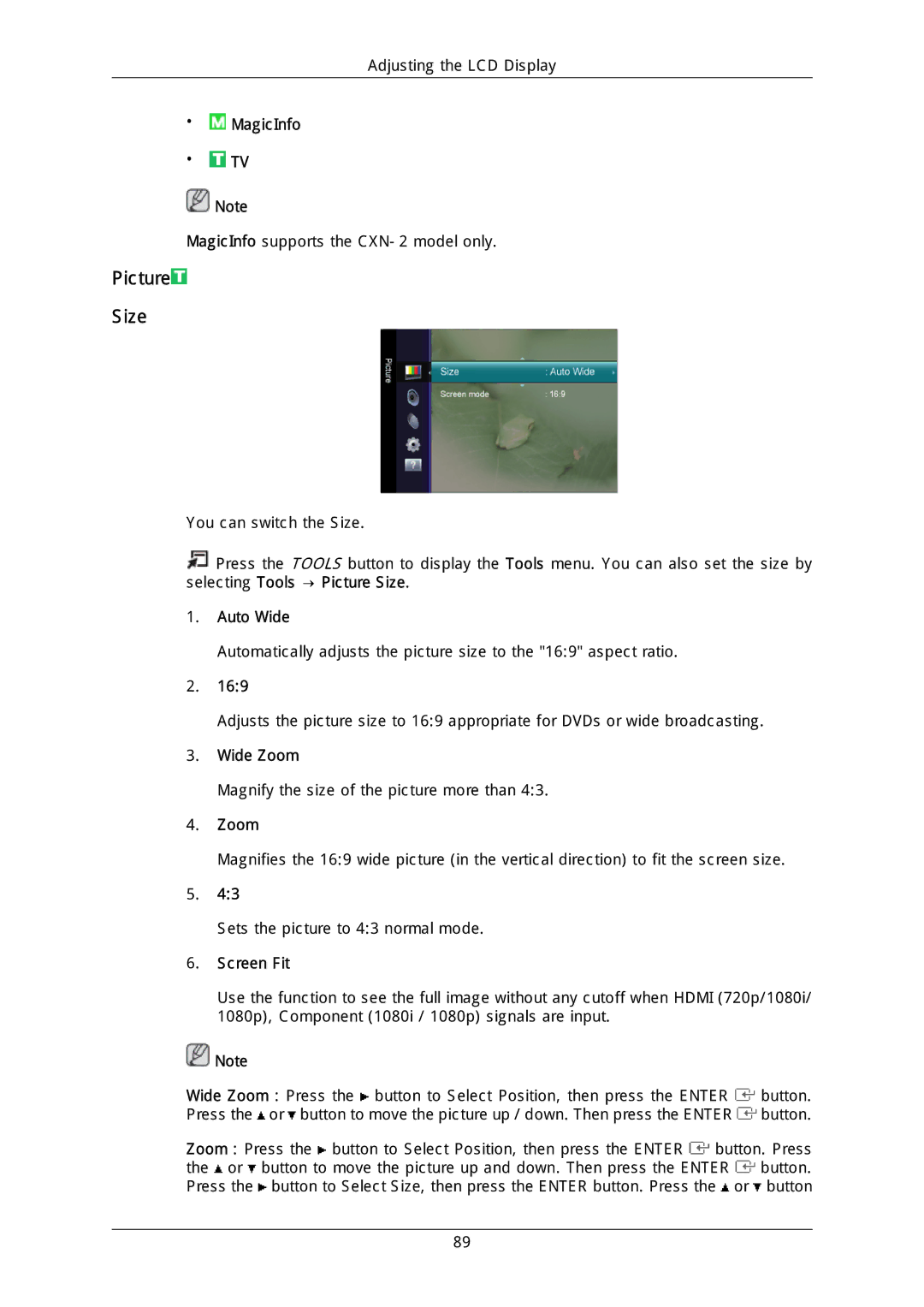 Samsung LH40DLPLGD/EN, LH46DLTLGD/EN, LH40DLTLGD/EN, LH46DLPLGD/EN manual Picture Size, Auto Wide, Wide Zoom, Screen Fit 