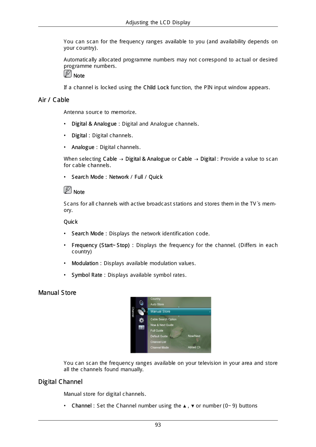 Samsung LFD-WBM2/S40A5, LH40DLPLGD/EN, LH46DLTLGD/EN manual Air / Cable, Manual Store, Search Mode Network / Full / Quick 