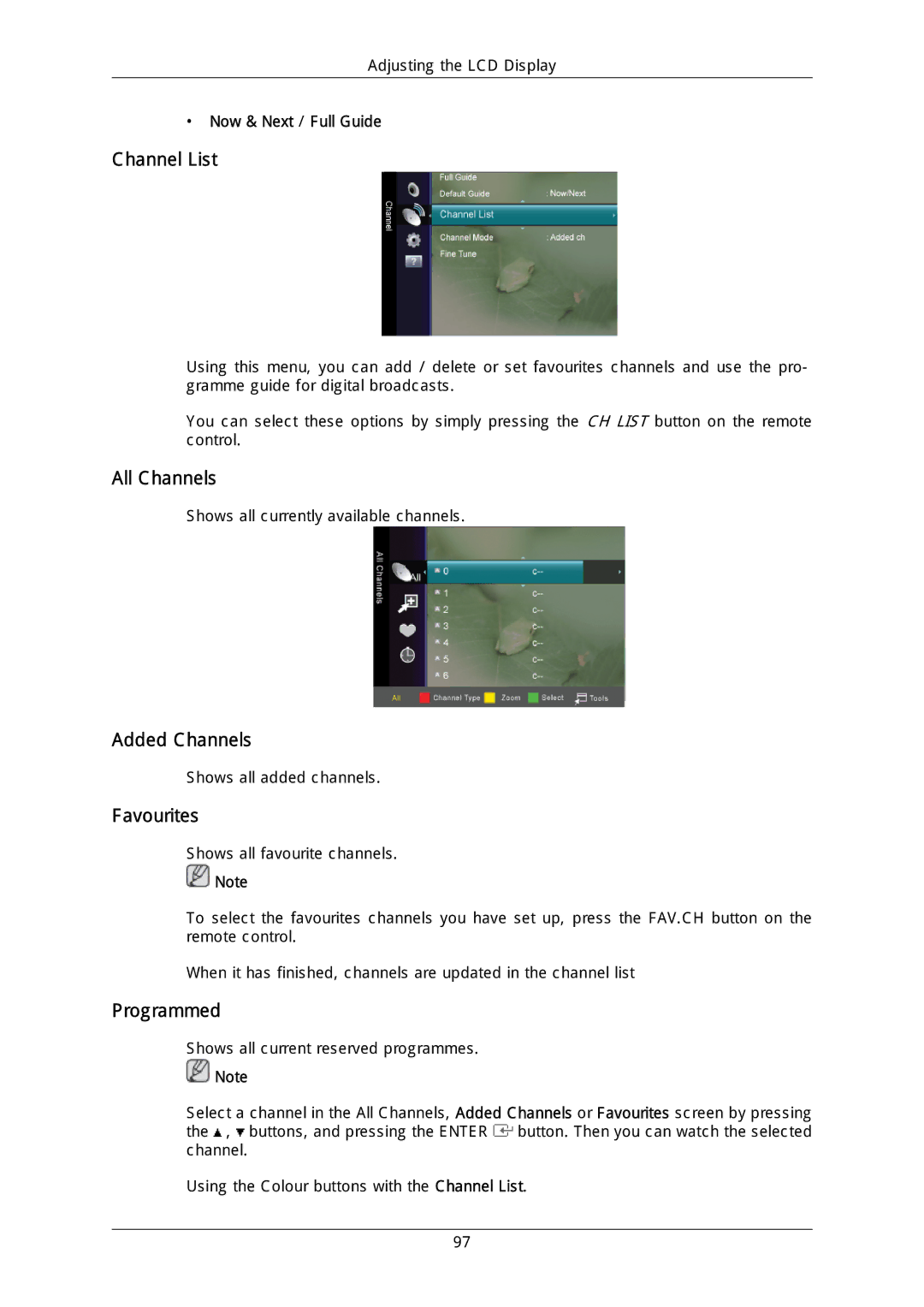 Samsung LH40DLPLGD/EN, LH46DLTLGD/EN, LH40DLTLGD/EN manual Channel List, All Channels, Added Channels, Favourites, Programmed 