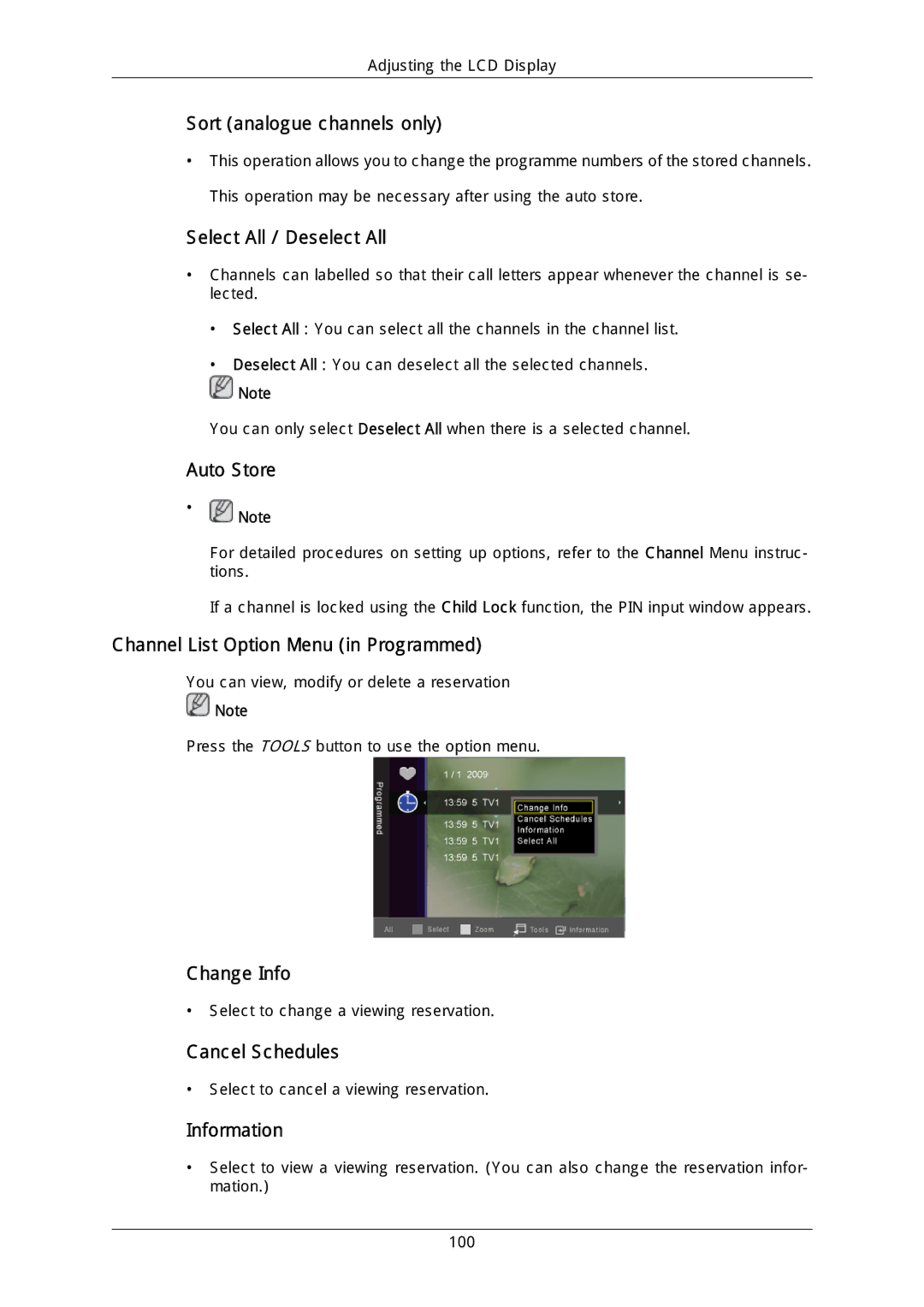 Samsung LH46DLPLGD/EN manual Sort analogue channels only, Select All / Deselect All, Channel List Option Menu in Programmed 