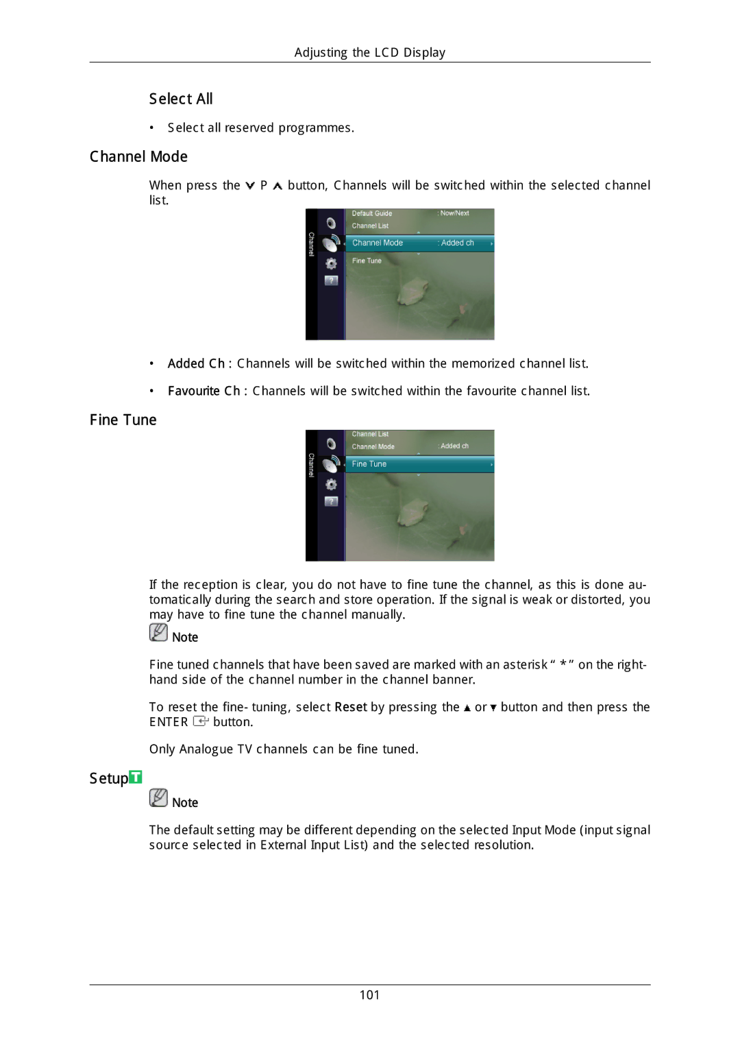 Samsung LFD-WBM2/S40A5, LH40DLPLGD/EN, LH46DLTLGD/EN, LH40DLTLGD/EN, LH46DLPLGD/EN Select All, Channel Mode, Fine Tune, Setup 