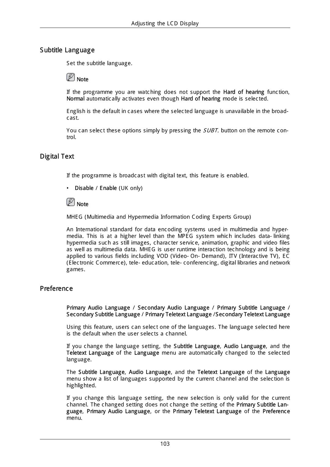 Samsung LH46MGULGD/EN, LH40DLPLGD/EN, LH46DLTLGD/EN Subtitle Language, Digital Text, Preference, Disable / Enable UK only 