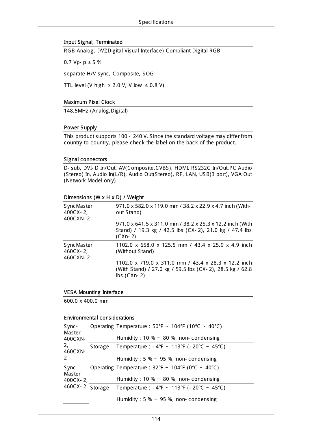 Samsung LH46DLTLGD/EN, LH40DLPLGD/EN manual Input Signal, Terminated, Maximum Pixel Clock, Power Supply, Signal connectors 