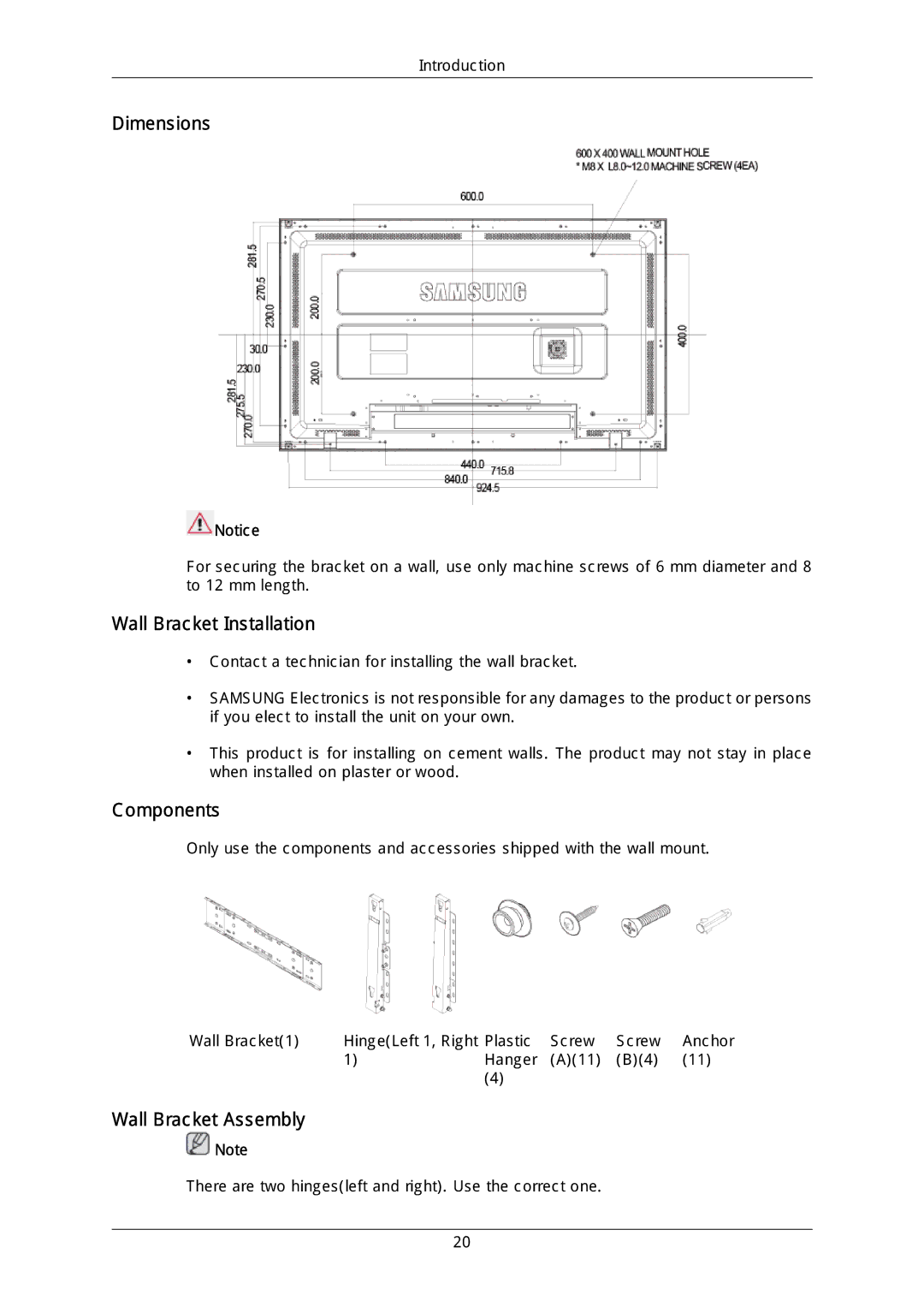 Samsung LH46MGQLGD/EN, LH40DLPLGD/EN manual Dimensions, Wall Bracket Installation, Components, Wall Bracket Assembly 