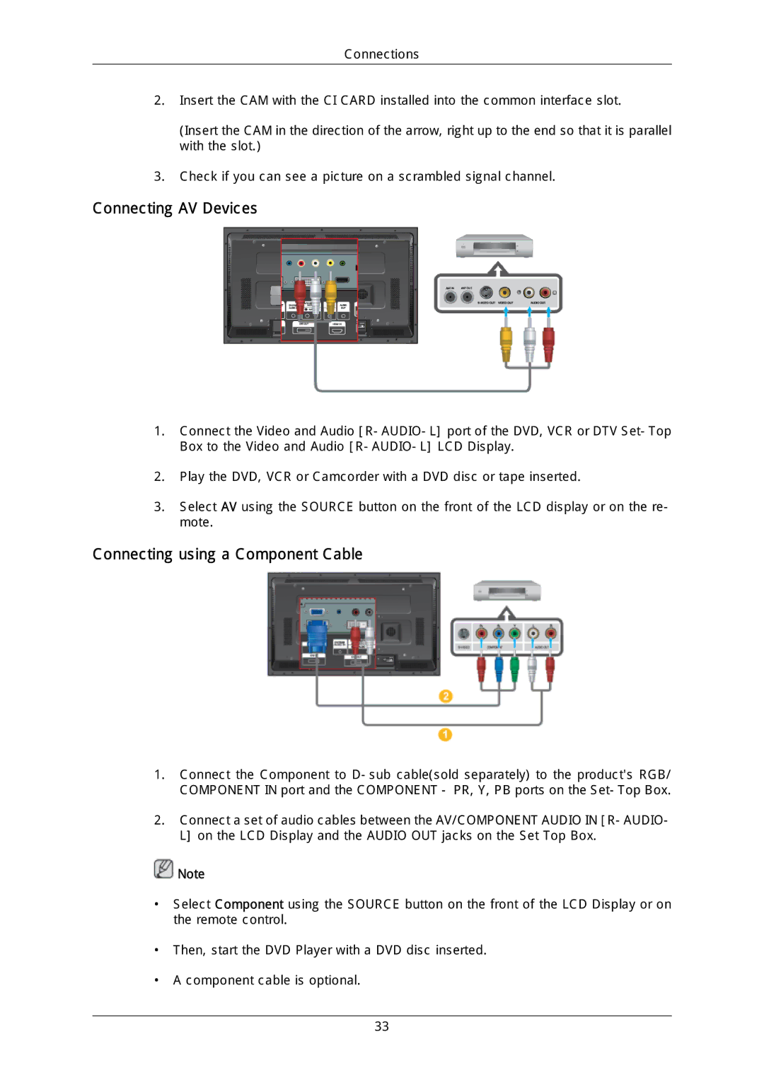 Samsung LH40DLTLGD/EN, LH40DLPLGD/EN, LH46DLTLGD/EN, LH46DLPLGD/EN Connecting AV Devices, Connecting using a Component Cable 