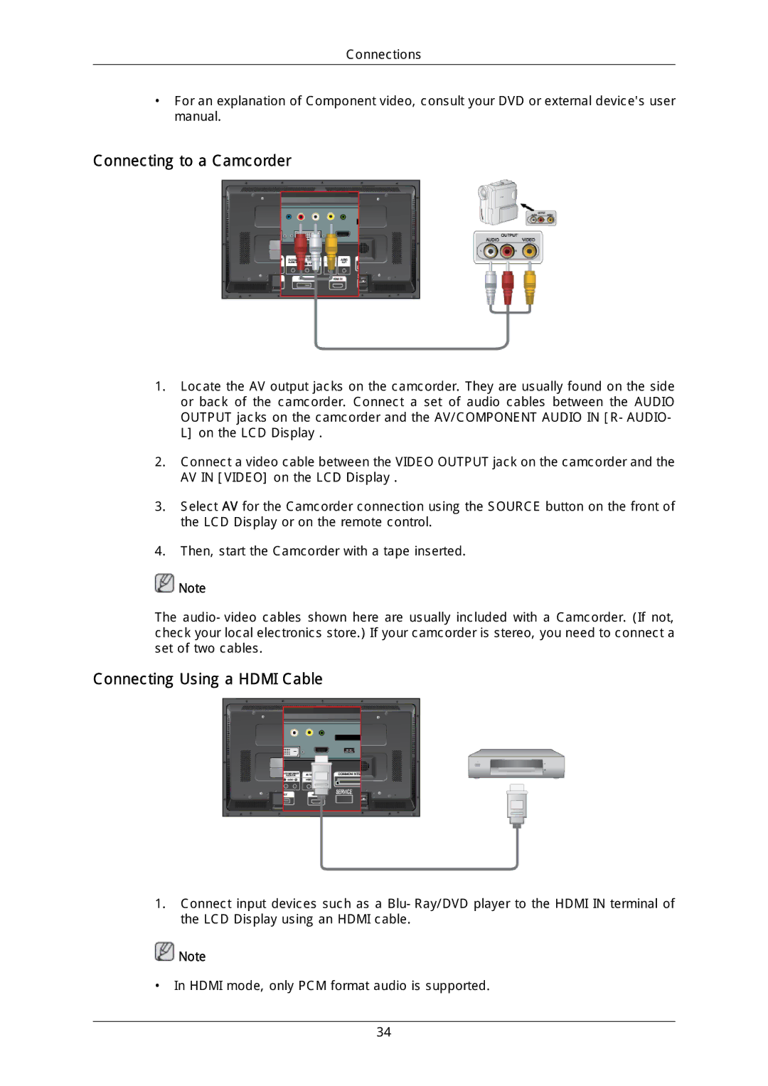 Samsung LH46DLPLGD/EN, LH40DLPLGD/EN, LH46DLTLGD/EN, LH40DLTLGD/EN Connecting to a Camcorder, Connecting Using a Hdmi Cable 