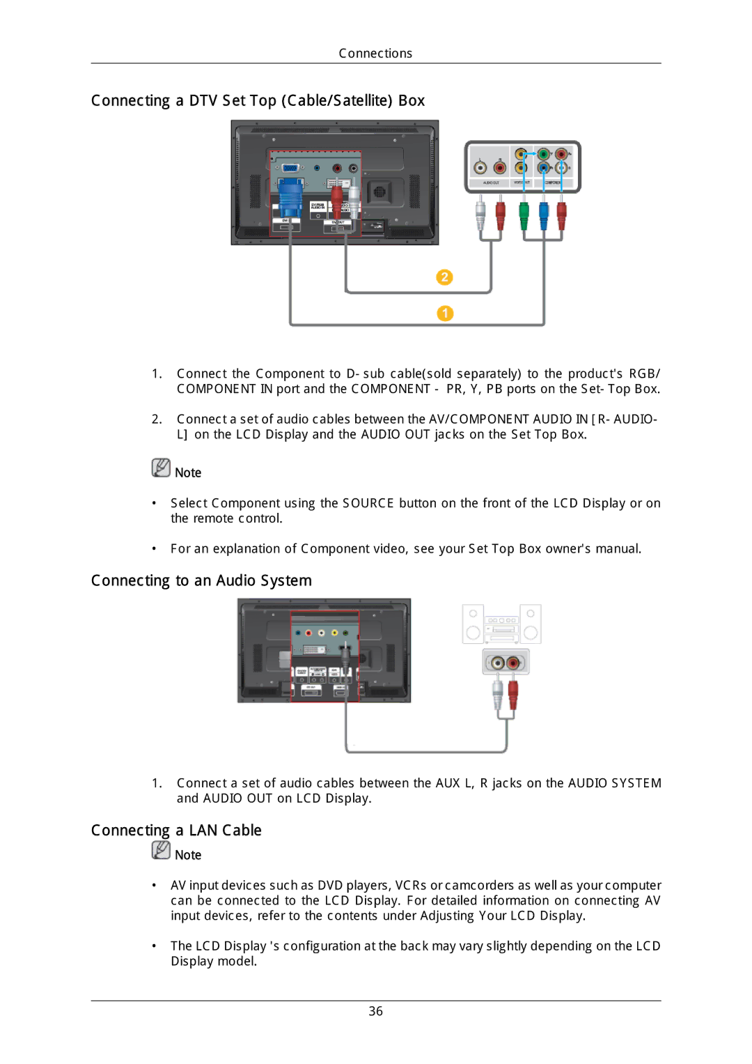 Samsung LH46MGQLGD/EN Connecting a DTV Set Top Cable/Satellite Box, Connecting to an Audio System, Connecting a LAN Cable 