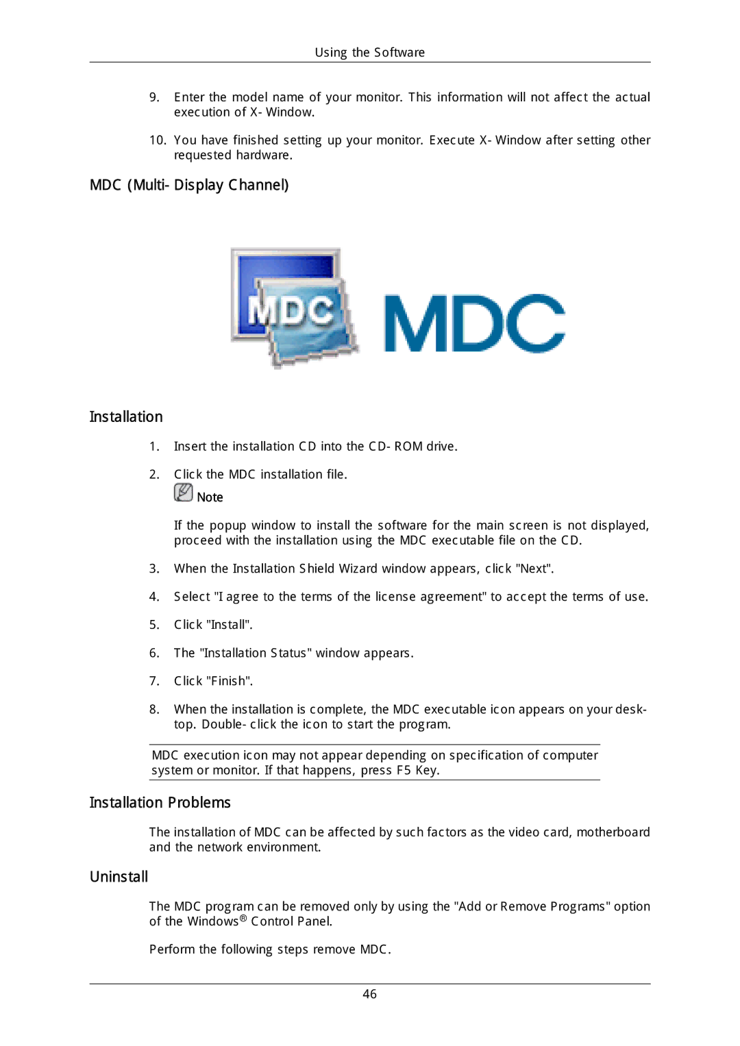 Samsung LH40MGULGD/EN, LH40DLPLGD/EN manual MDC Multi-Display Channel Installation, Installation Problems, Uninstall 