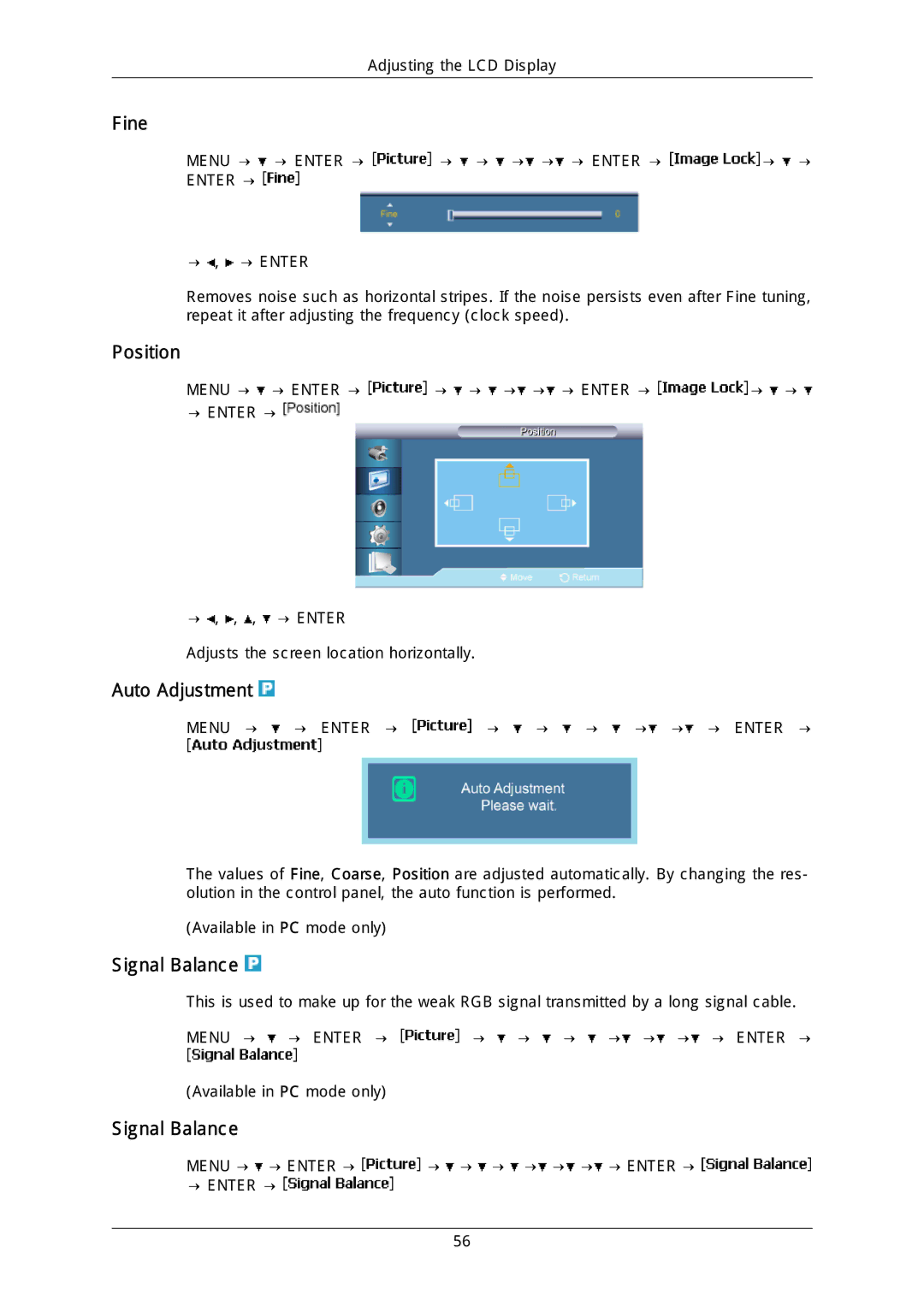 Samsung LH40MGULGD/EN, LH40DLPLGD/EN, LH46DLTLGD/EN, LH40DLTLGD/EN, LH46DLPLGD/EN manual Fine, Auto Adjustment, Signal Balance 