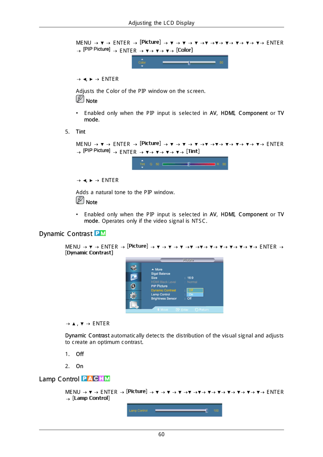 Samsung LH46DLPLGD/EN, LH40DLPLGD/EN, LH46DLTLGD/EN, LH40DLTLGD/EN, LFD-WBM2/S40A5 manual Dynamic Contrast, Lamp Control, Tint 