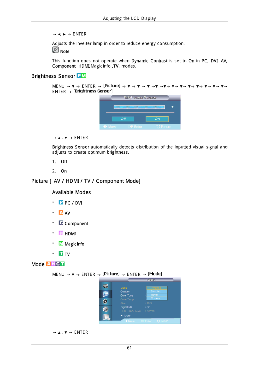 Samsung LFD-WBM2/S40A5, LH40DLPLGD/EN manual Brightness Sensor, Picture AV / Hdmi / TV / Component Mode Available Modes 