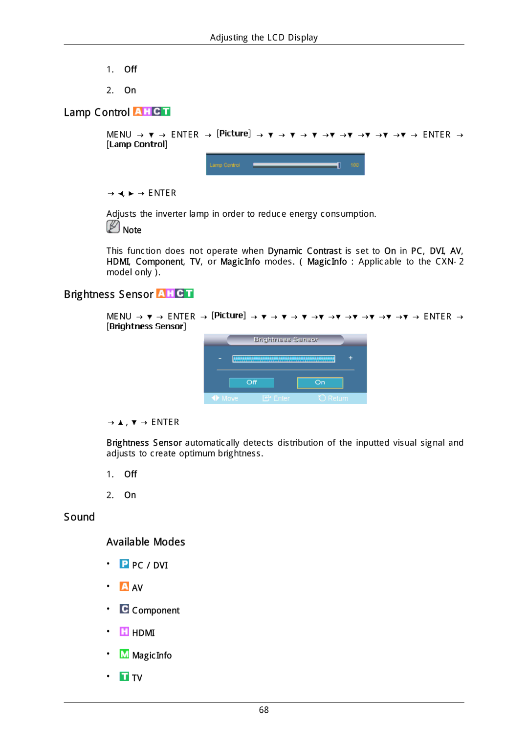 Samsung LH46DLPLGD/EN, LH40DLPLGD/EN, LH46DLTLGD/EN, LH40DLTLGD/EN, LFD-WBM2/S40A5 manual Lamp Control, Sound Available Modes 