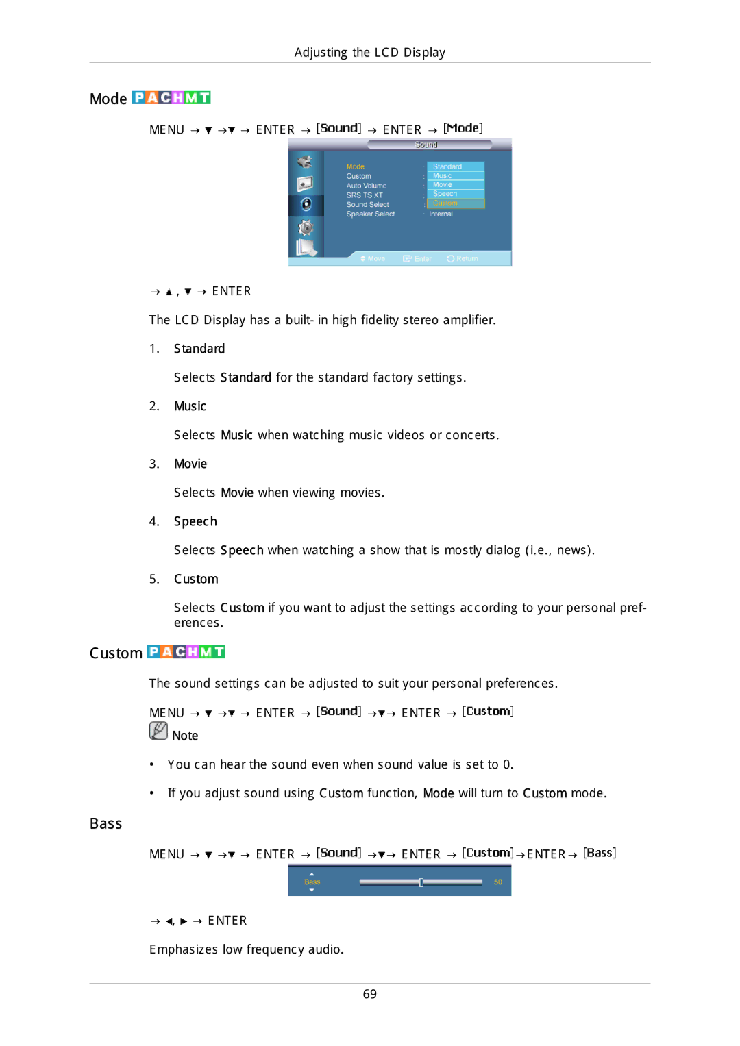 Samsung LFD-WBM2/S40A5, LH40DLPLGD/EN, LH46DLTLGD/EN, LH40DLTLGD/EN, LH46DLPLGD/EN, LH46MGQLGD/EN manual Bass, Music, Speech 