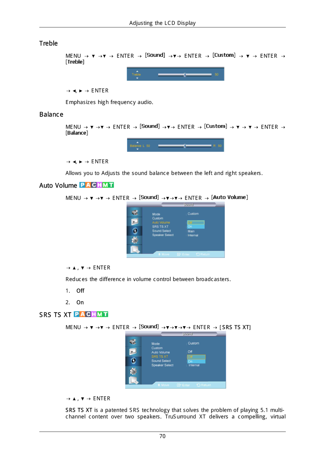 Samsung LH46MGQLGD/EN, LH40DLPLGD/EN, LH46DLTLGD/EN, LH40DLTLGD/EN, LH46DLPLGD/EN, LFD-WBM2/S40A5 Treble, Balance, Auto Volume 