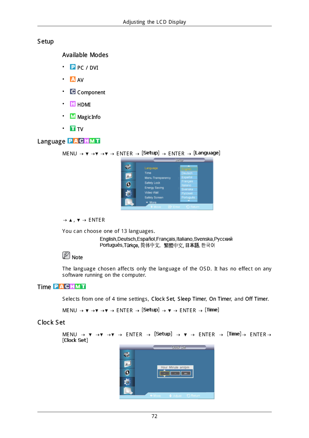 Samsung LH40MGULGD/EN, LH40DLPLGD/EN, LH46DLTLGD/EN, LH40DLTLGD/EN manual Setup Available Modes, Language, Time, Clock Set 