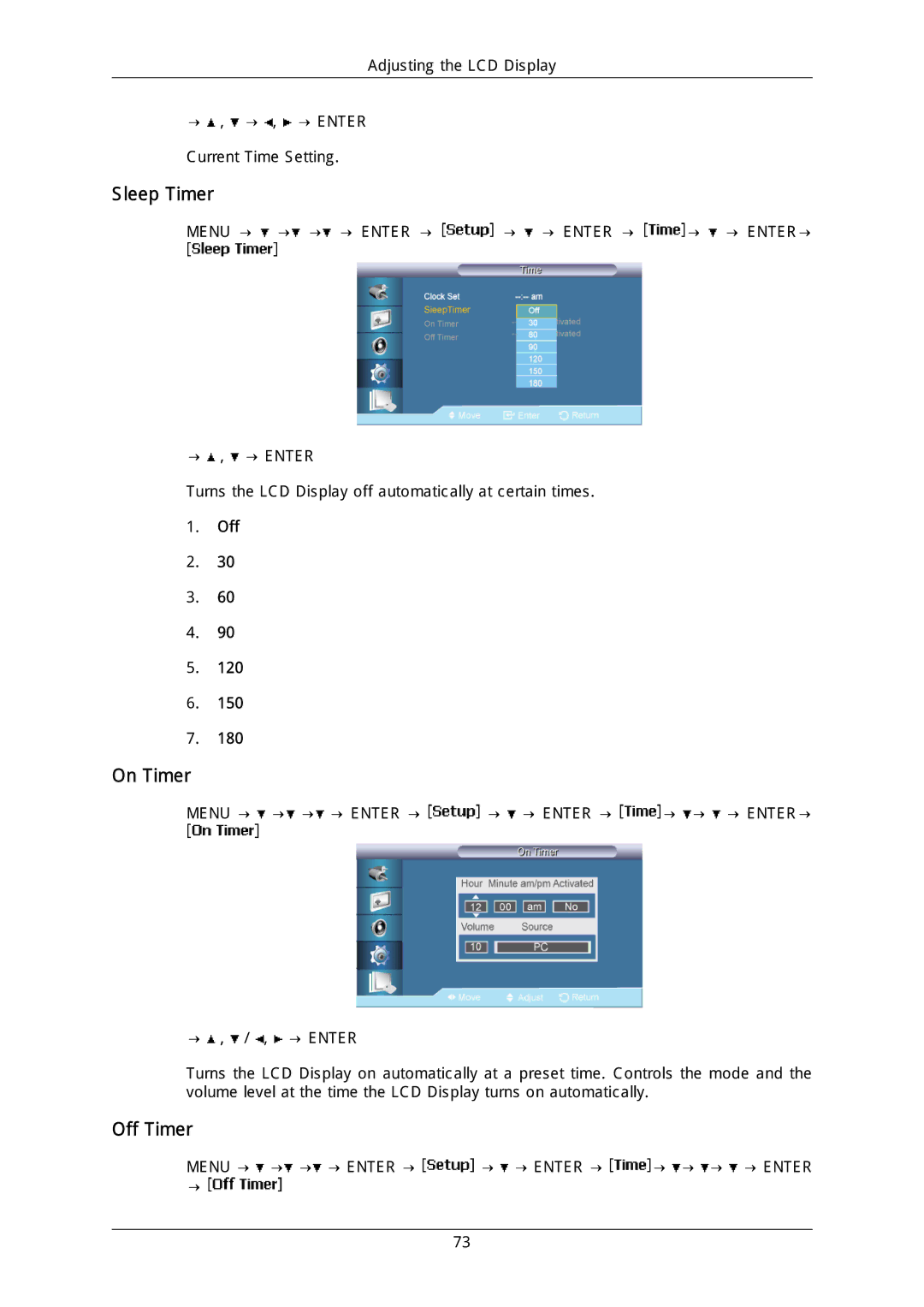 Samsung LH40DLPLGD/EN, LH46DLTLGD/EN, LH40DLTLGD/EN, LH46DLPLGD/EN, LFD-WBM2/S40A5 manual Sleep Timer, On Timer, Off Timer 