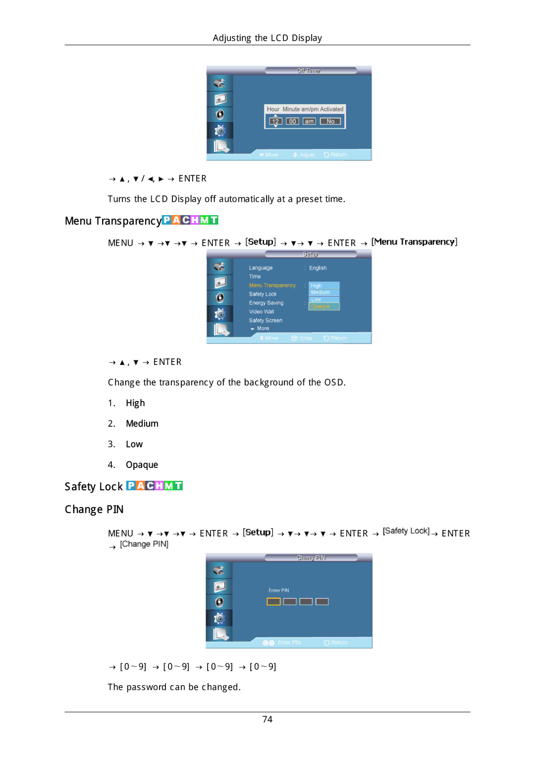 Samsung LH46DLTLGD/EN, LH40DLPLGD/EN, LH40DLTLGD/EN, LH46DLPLGD/EN, LFD-WBM2/S40A5 Menu Transparency, Safety Lock Change PIN 