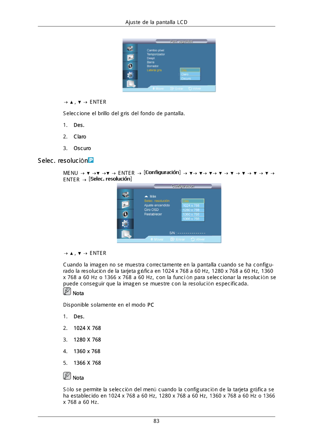 Samsung LH40DLTLGD/EN, LH40DLPLGD/EN manual Selec. resolución, Des Claro Oscuro, Des 1024 X 1280 X 1360 x 1366 X Nota 