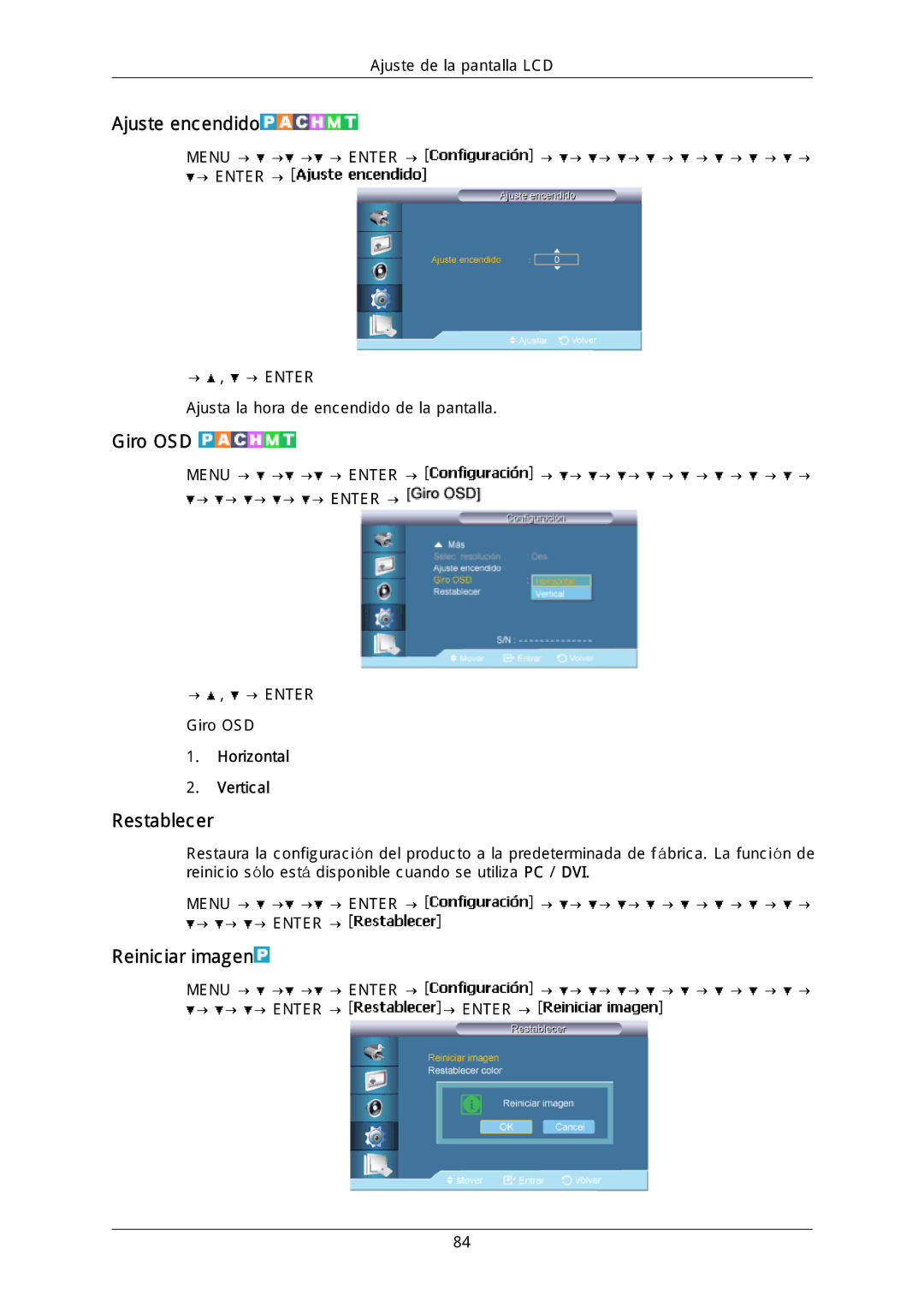 Samsung LH46DLPLGD/EN, LH40DLPLGD/EN manual Ajuste encendido, Giro OSD, Restablecer, Reiniciar imagen, Horizontal Vertical 