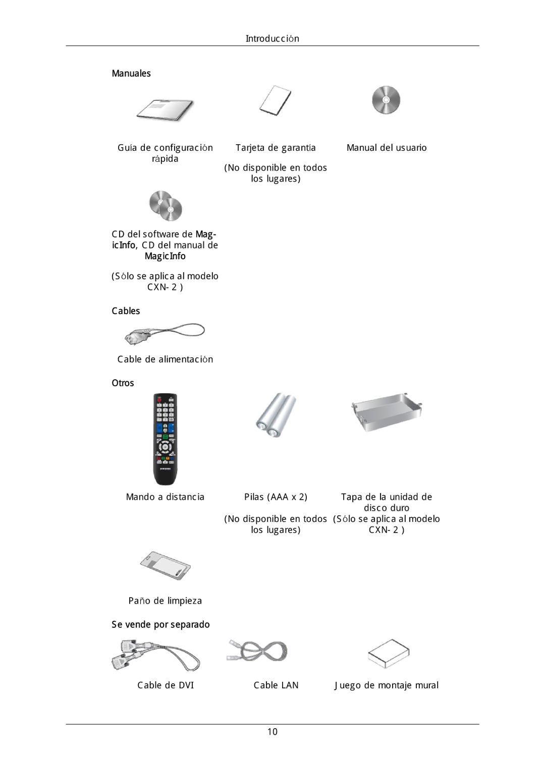 Samsung LH46DLPLGD/EN, LH40DLPLGD/EN, LH46DLTLGD/EN, LH40DLTLGD/EN Manuales, MagicInfo, Cables, Otros, Se vende por separado 