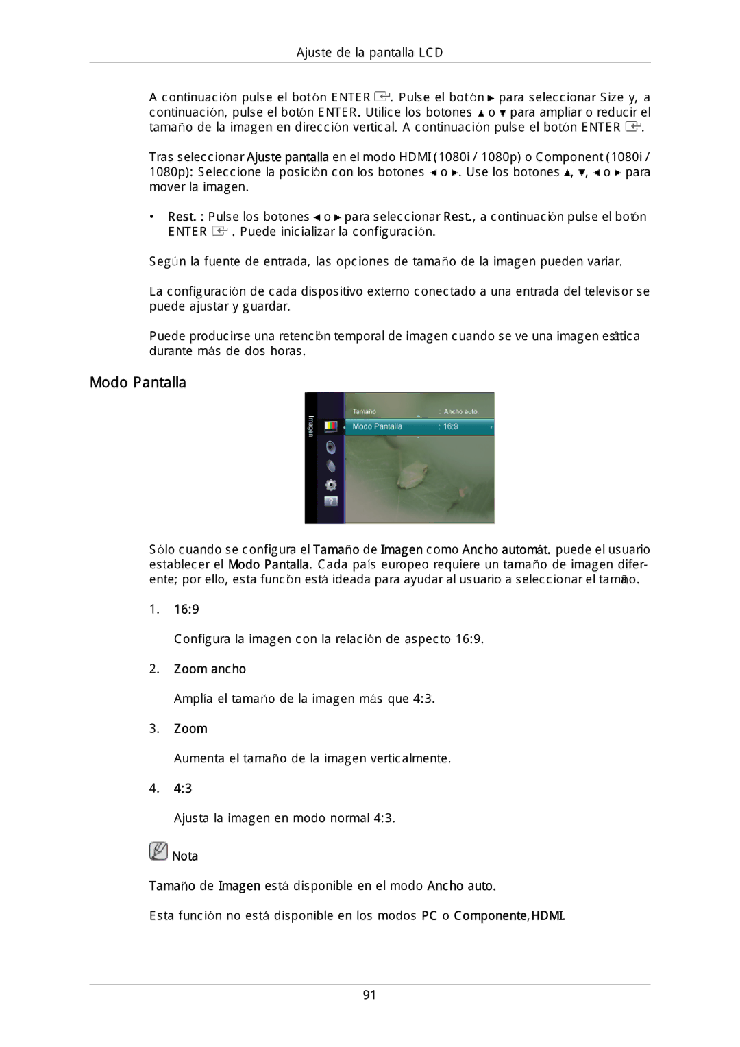 Samsung LH40DLTLGD/EN, LH40DLPLGD/EN, LH46DLTLGD/EN, LH46DLPLGD/EN, LFD-WBM2/S40A5, LH46MGQLGD/EN, LH46MGULGD/EN Modo Pantalla 