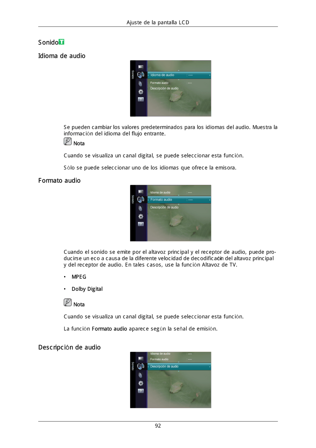 Samsung LH46DLPLGD/EN, LH40DLPLGD/EN manual Sonido Idioma de audio, Formato audio, Descripción de audio, Dolby Digital Nota 