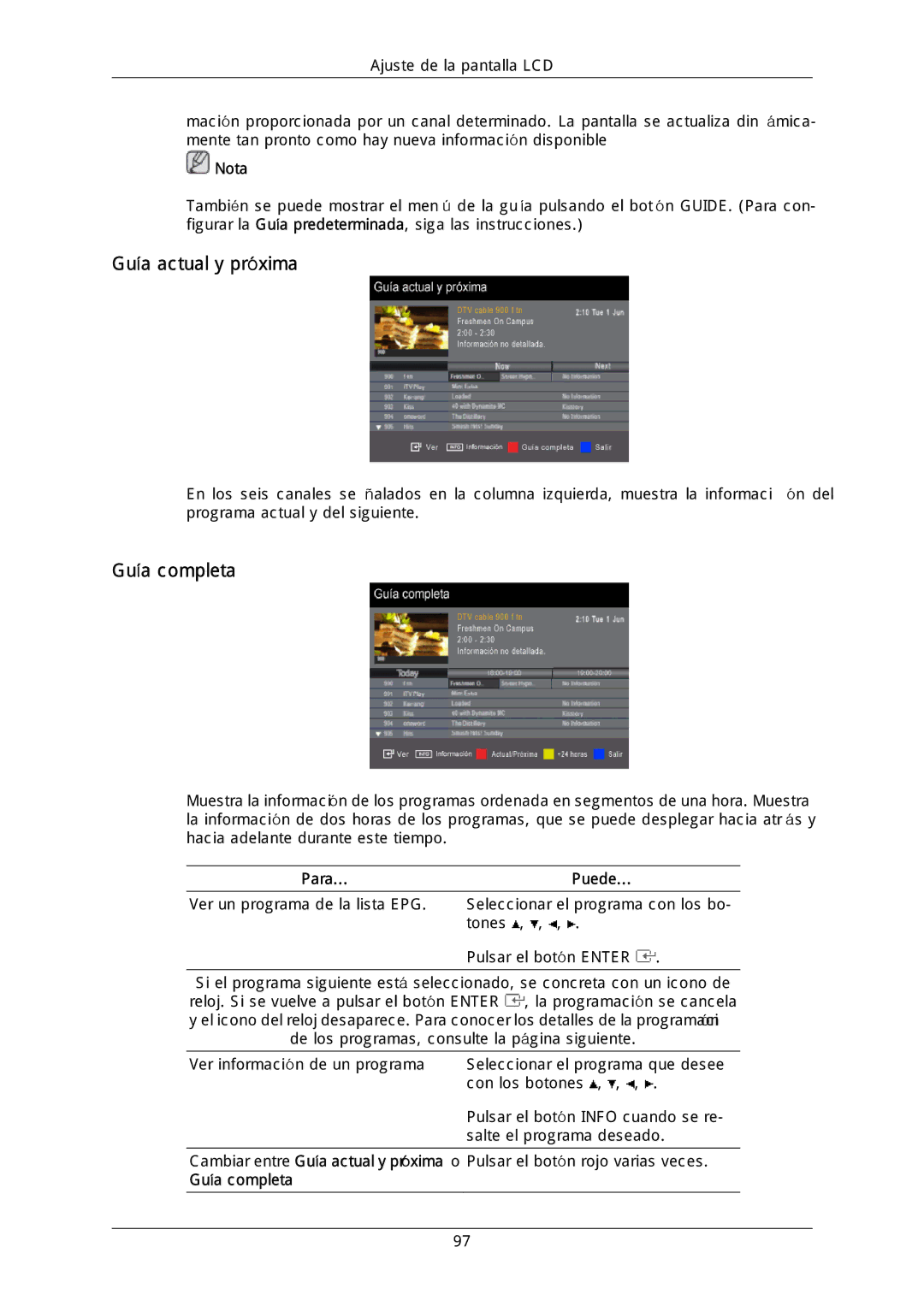 Samsung LH40DLPLGD/EN, LH46DLTLGD/EN, LH40DLTLGD/EN, LH46DLPLGD/EN manual Guía actual y próxima, Guía completa, Para Puede 