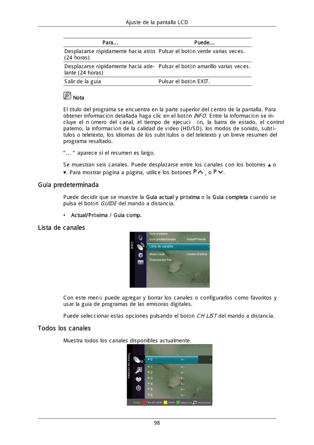 Samsung LH46DLTLGD/EN Guía predeterminada, Lista de canales, Todos los canales, Para...Puede, Actual/Próxima / Guía comp 