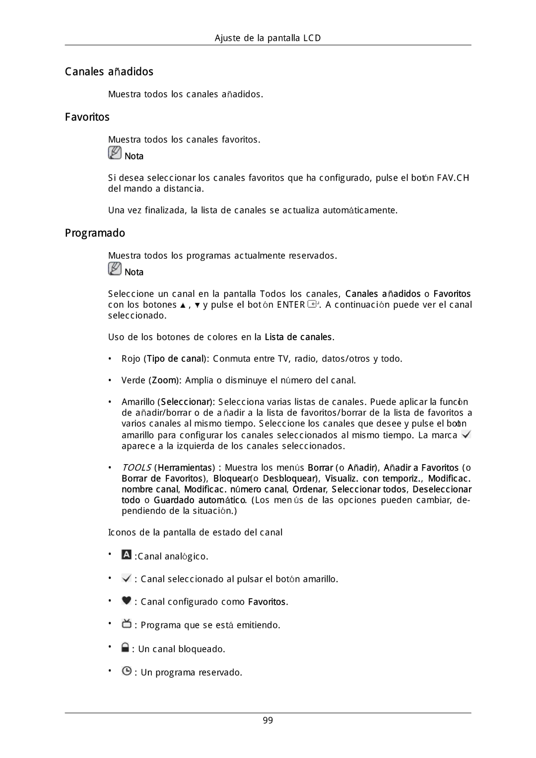 Samsung LH40DLTLGD/EN, LH40DLPLGD/EN, LH46DLTLGD/EN, LH46DLPLGD/EN, LFD-WBM2/S40A5 Canales añadidos, Favoritos, Programado 