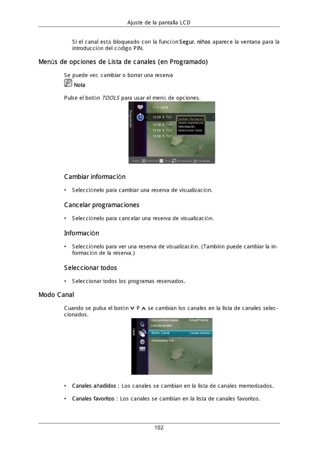 Samsung LH46MGQLGD/EN Menús de opciones de Lista de canales en Programado, Cambiar información, Cancelar programaciones 