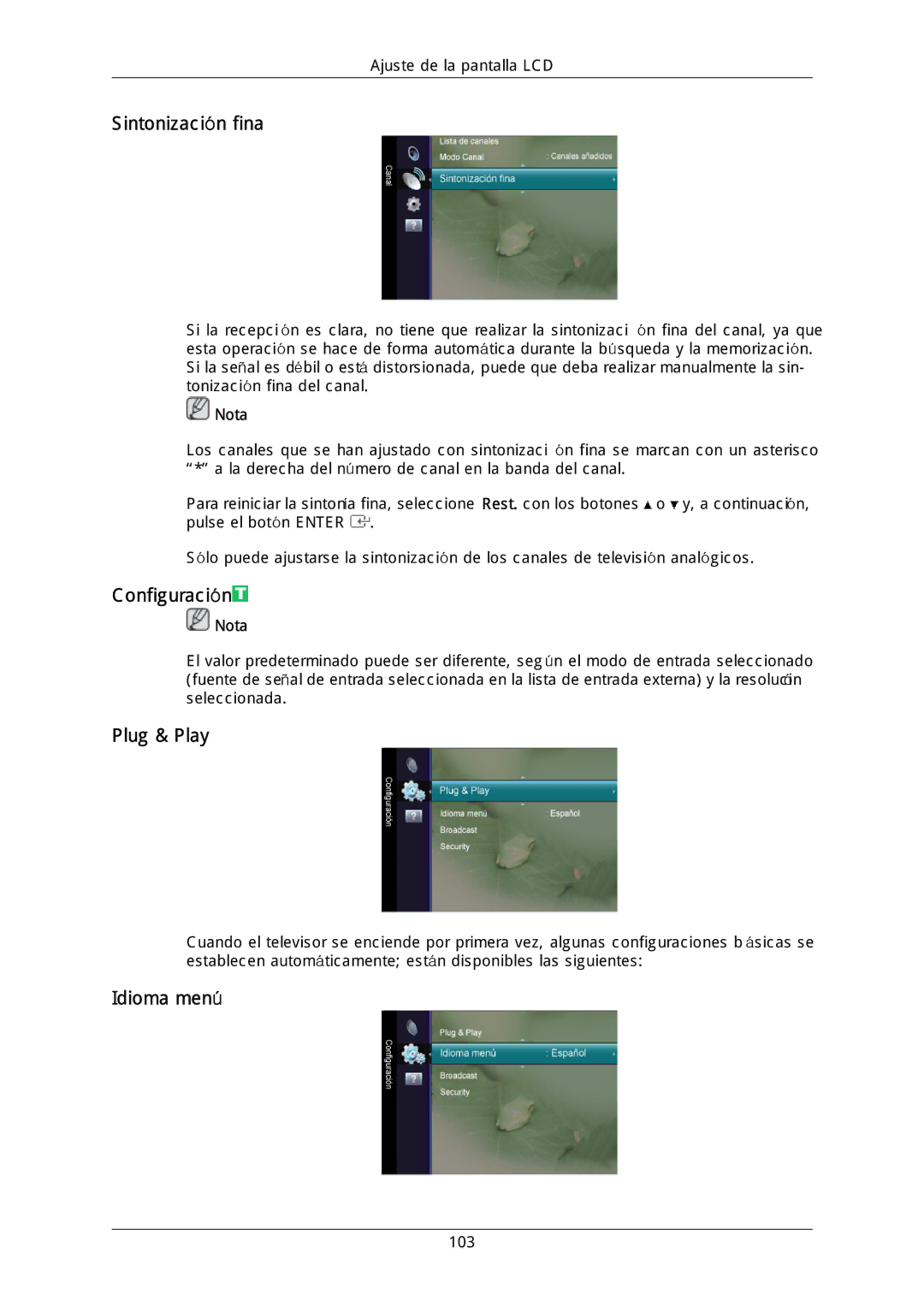 Samsung LH46MGULGD/EN, LH40DLPLGD/EN, LH46DLTLGD/EN manual Sintonización fina, Configuración, Plug & Play, Idioma menú 