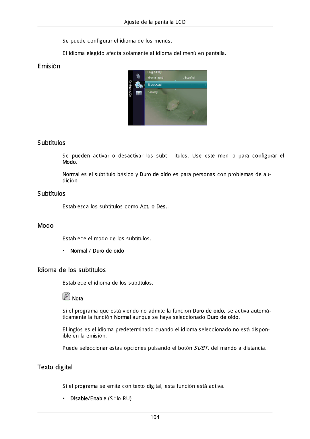 Samsung LH40MGULGD/EN, LH40DLPLGD/EN Emisión Subtítulos, Idioma de los subtítulos, Texto digital, Normal / Duro de oído 