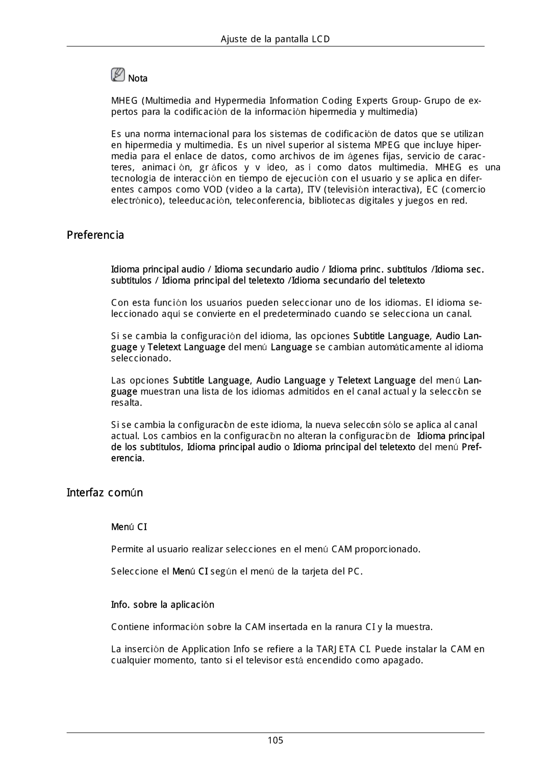 Samsung LH40DLPLGD/EN, LH46DLTLGD/EN, LH40DLTLGD/EN manual Preferencia, Interfaz común, Menú CI, Info. sobre la aplicación 