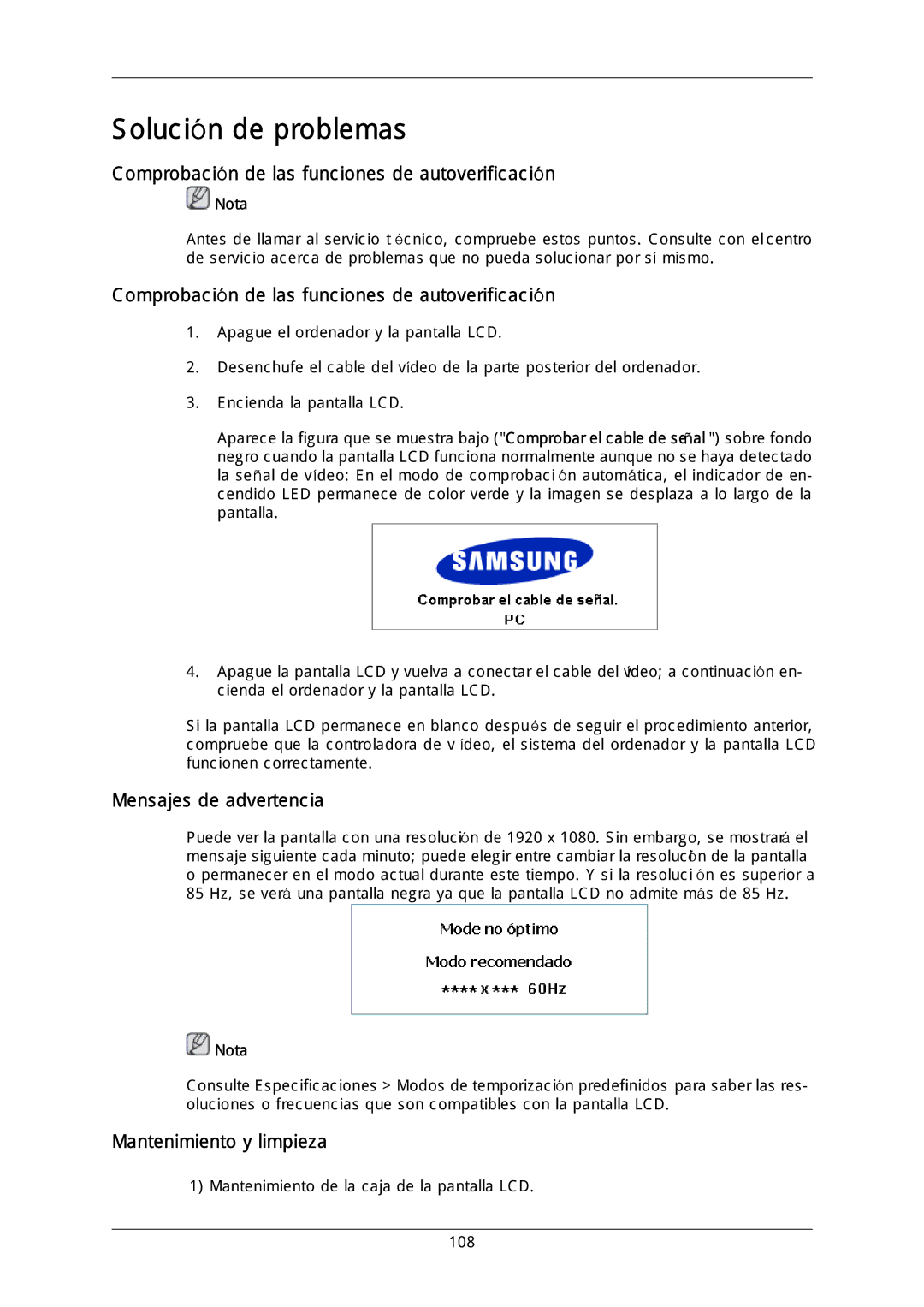 Samsung LH46DLPLGD/EN Comprobación de las funciones de autoverificación, Mensajes de advertencia, Mantenimiento y limpieza 