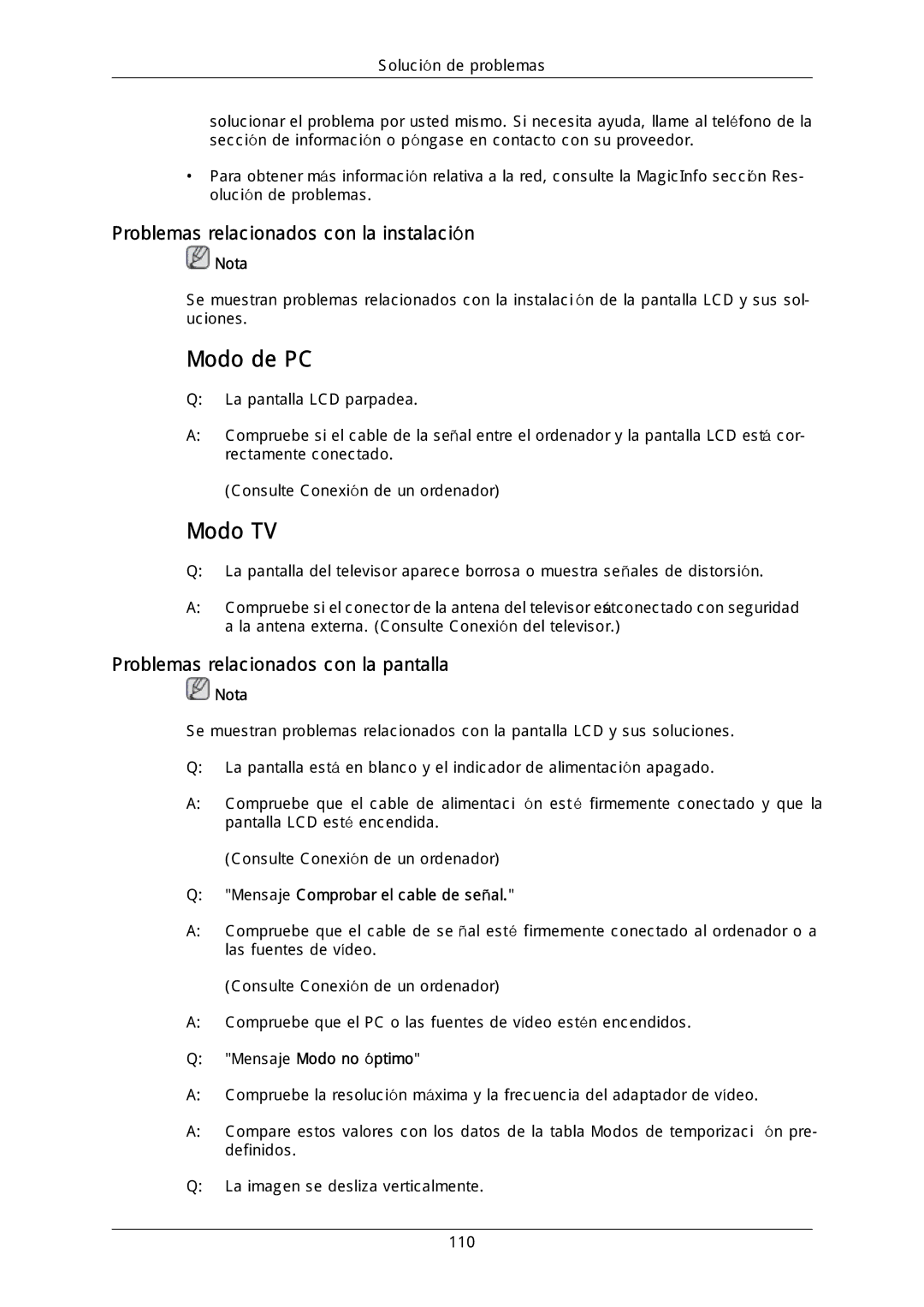 Samsung LH46MGQLGD/EN, LH40DLPLGD/EN Problemas relacionados con la instalación, Problemas relacionados con la pantalla 