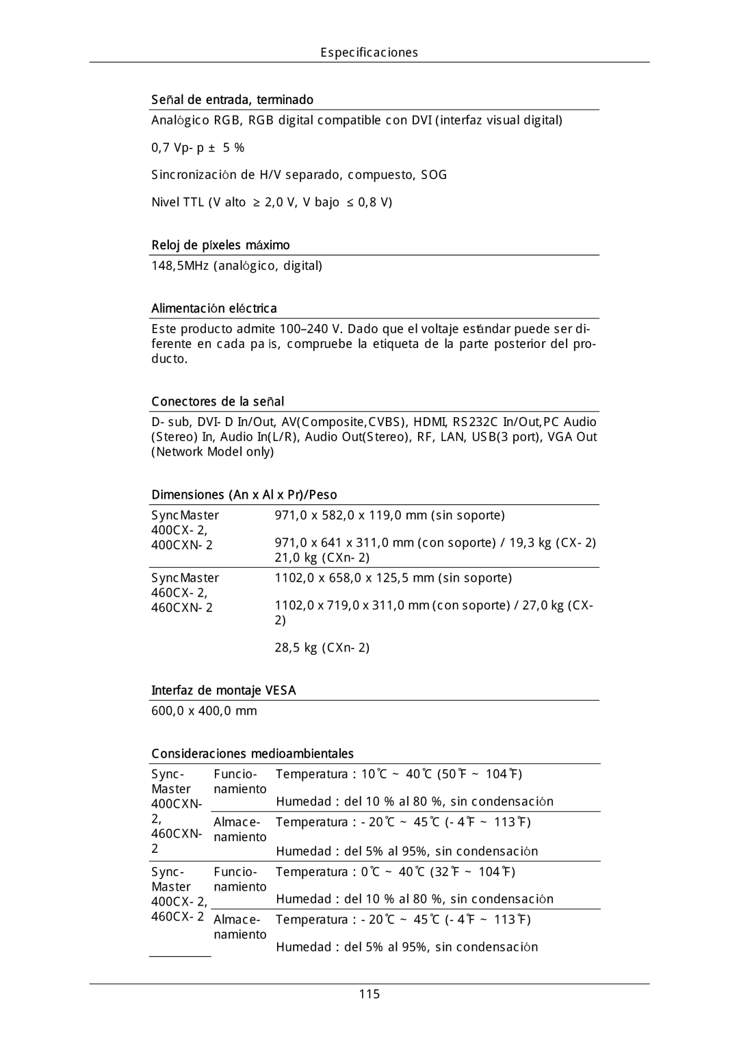 Samsung LH40DLTLGD/EN Señal de entrada, terminado, Reloj de píxeles máximo, Alimentación eléctrica, Conectores de la señal 