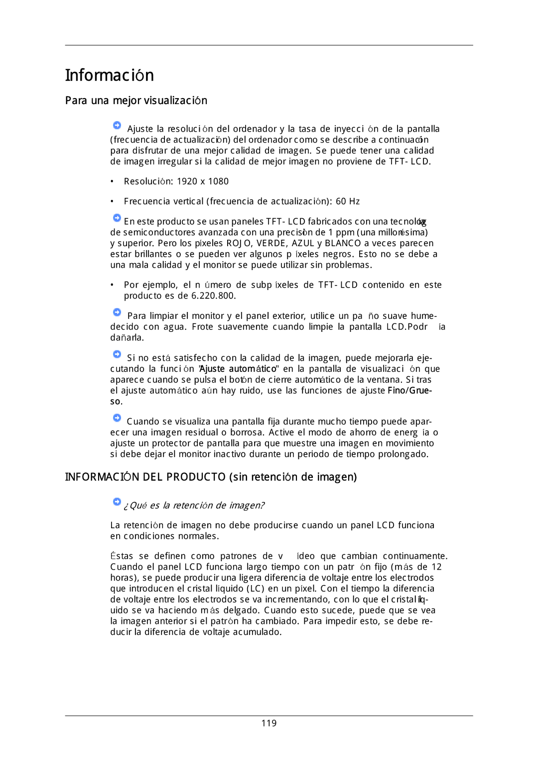 Samsung LH46MGULGD/EN, LH40DLPLGD/EN manual Para una mejor visualización, Información DEL Producto sin retención de imagen 