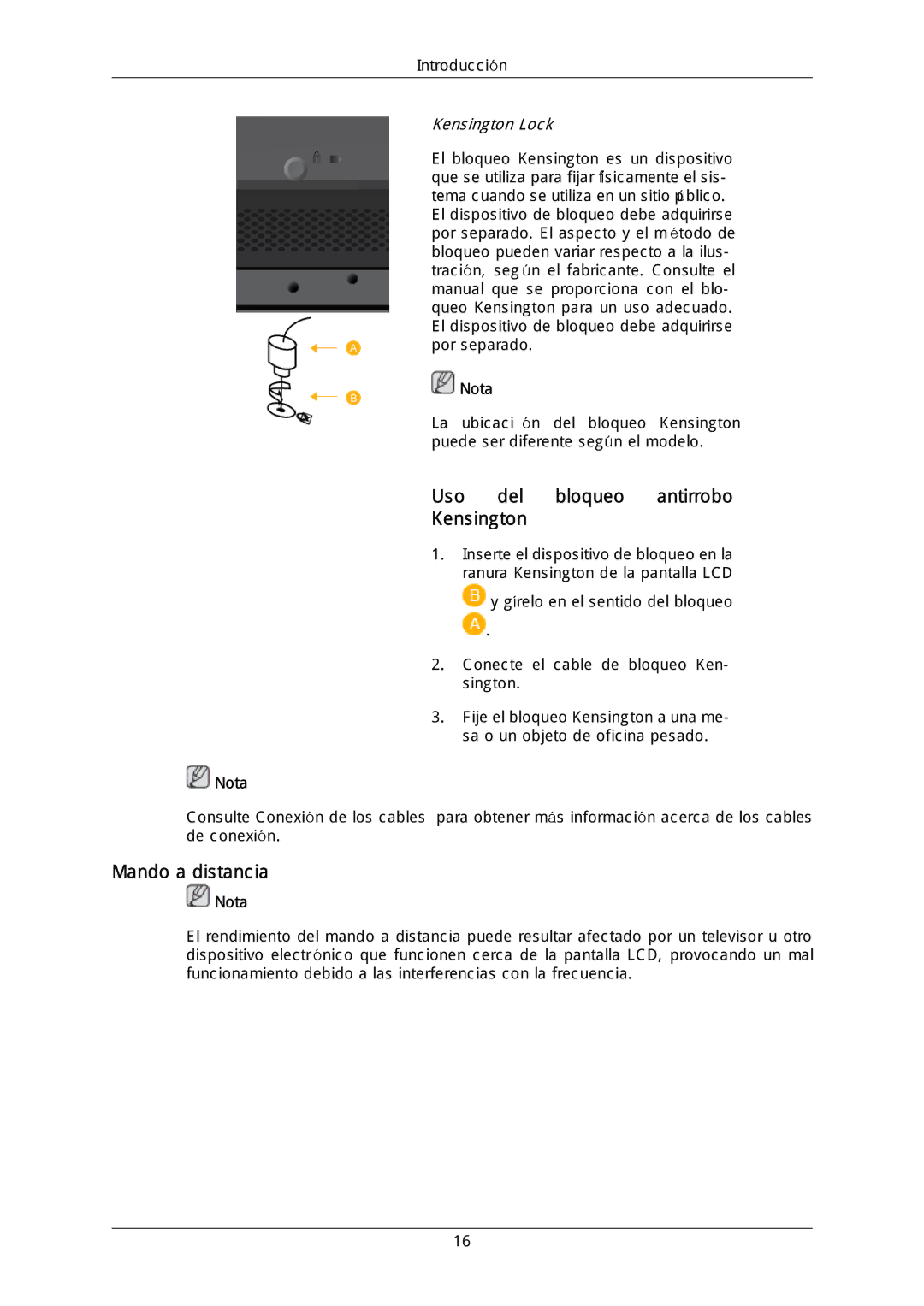 Samsung LH46DLTLGD/EN, LH40DLPLGD/EN, LH40DLTLGD/EN, LH46DLPLGD/EN Uso del bloqueo antirrobo Kensington, Mando a distancia 