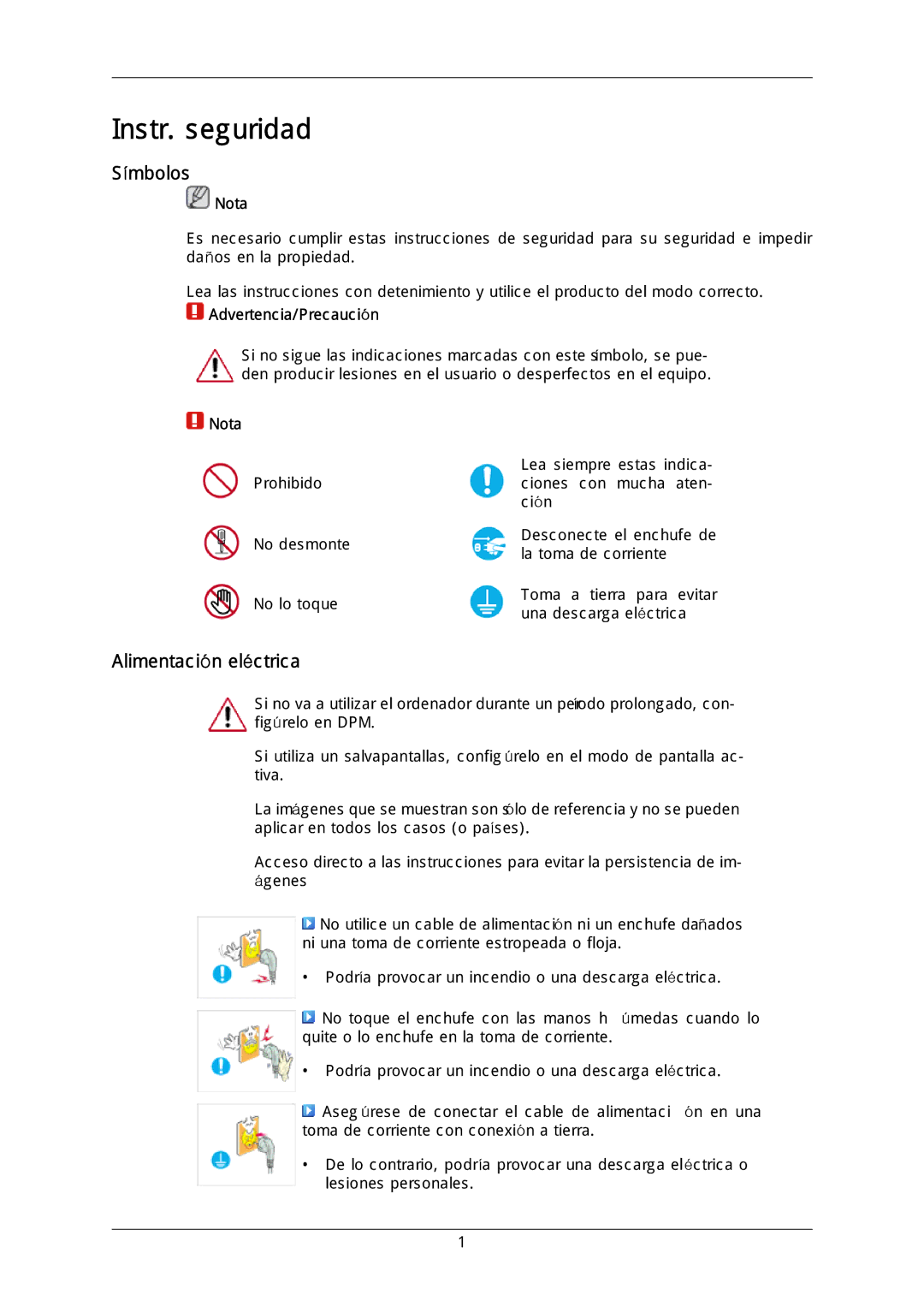 Samsung LH40DLTLGD/EN, LH40DLPLGD/EN, LH46DLTLGD/EN manual Símbolos, Alimentación eléctrica, Nota, Advertencia/Precaución 